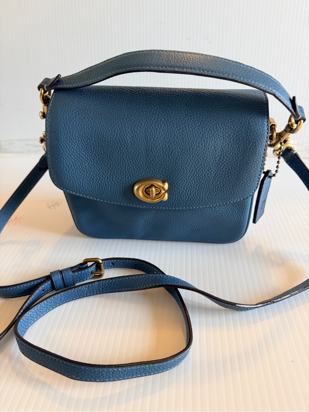Coach Pebbled Leather Turnlock Crossbody in Navy Blue with Gold Hardware - Picture 3 of 7